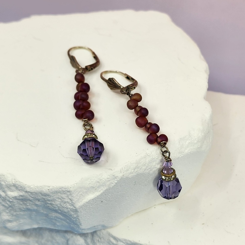 Purple Crystal Bead Drop Earrings Bronze Tone Boho Dangle Leverback Vintage